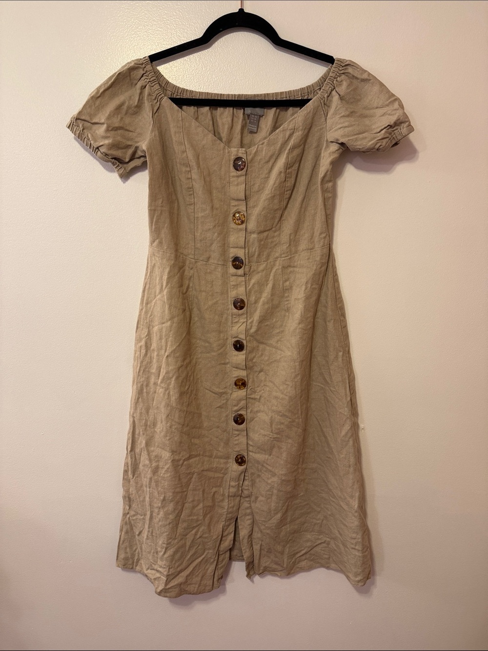 ASOS Linen Blend Button Front Midi Dress US 6 Neutral Beige Cottagecore